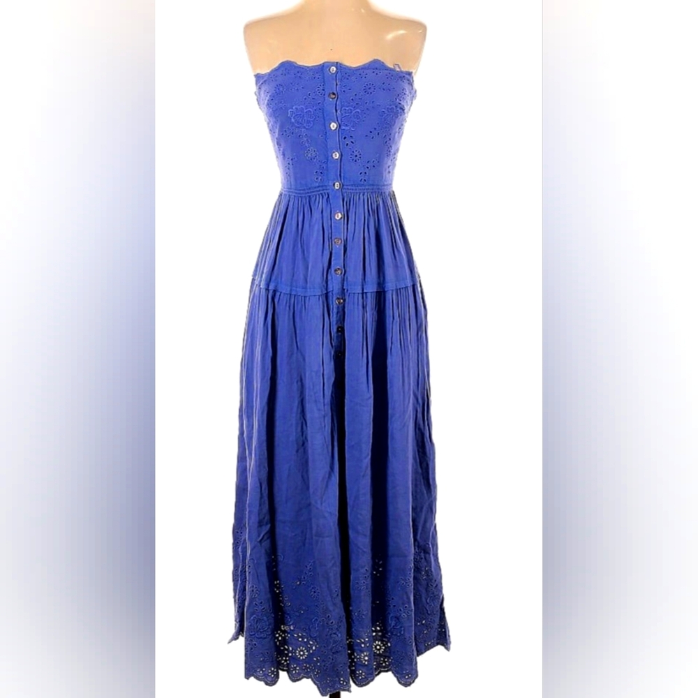 Free People Blue Eyelet Button-Front Strapless Dress - Picture 3 of 7
